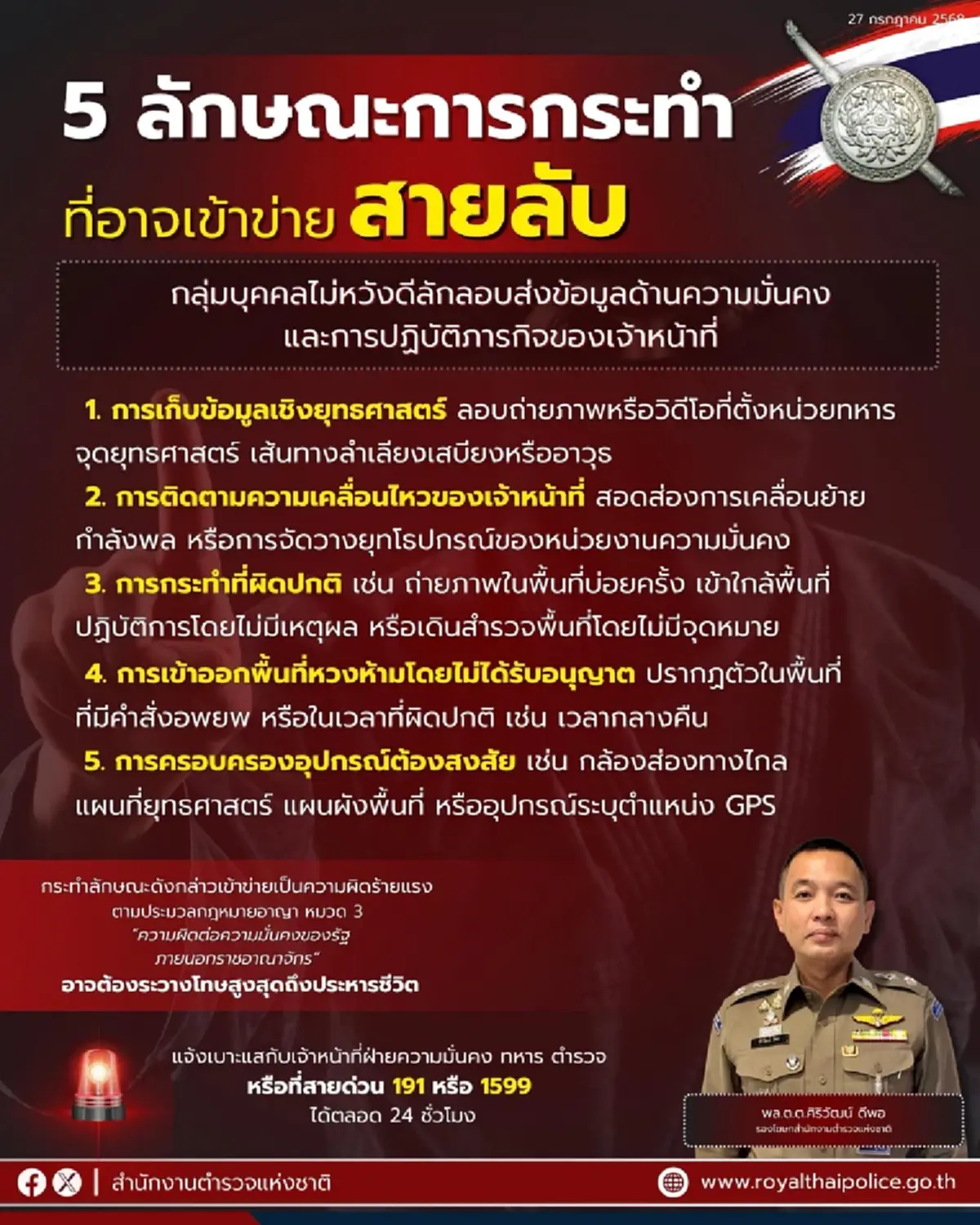 แฉ 5พฤติกรรมสายลับ ลอบส่งข้อมูลความมั่นคง โทษสูงสุดประหารชีวิต