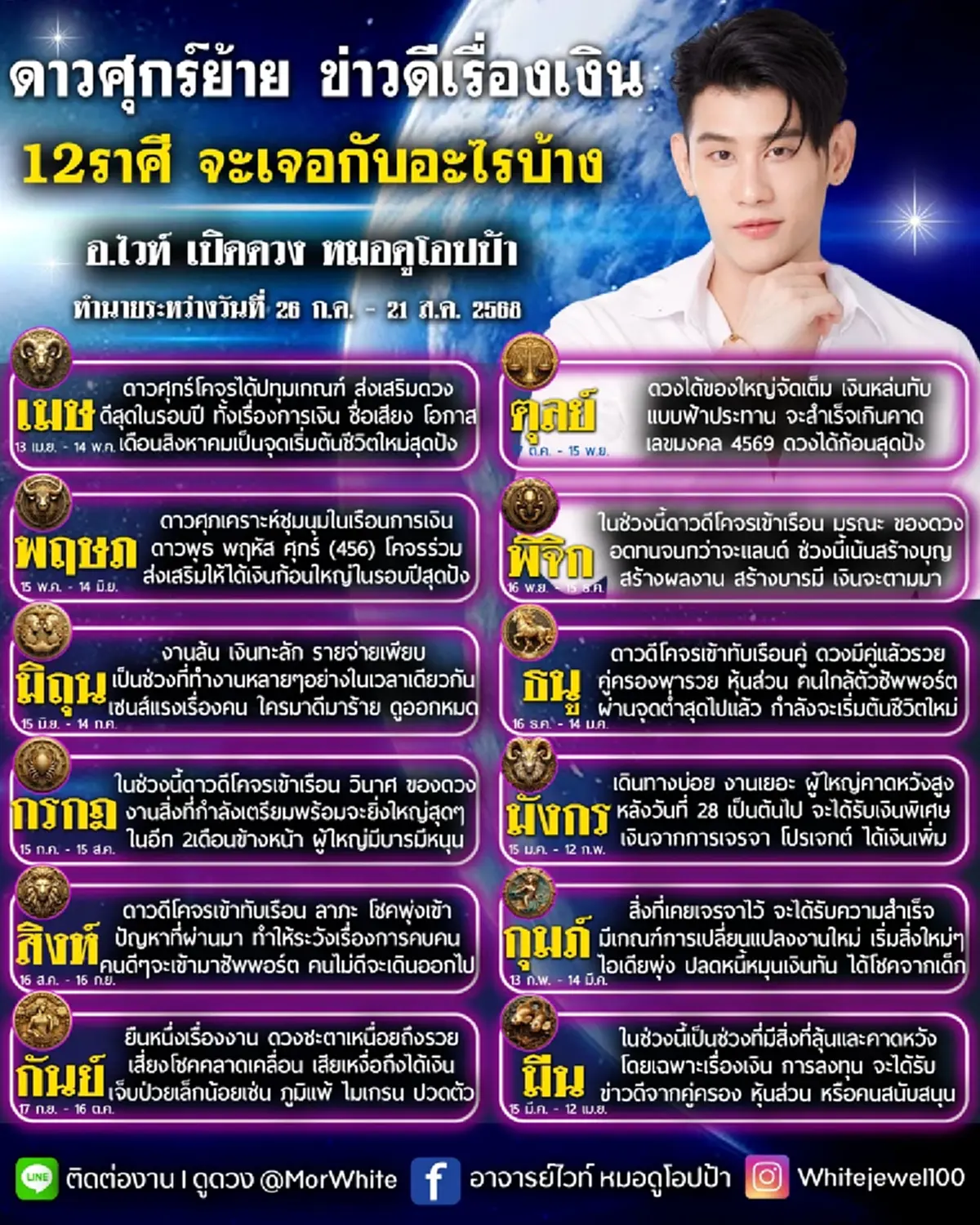 ดาวศุกร์ย้าย หมอไวท์ เคาะราศีโชคพุ่งเข้า เงินก้อนใหญ่ในรอบปี
