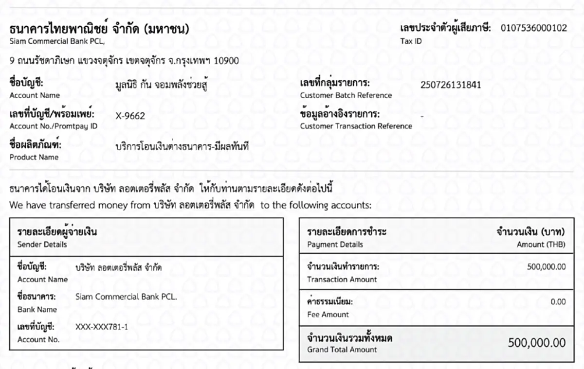 สุดยอด เปิดจำนวนเงิน นอท ลอตเตอรี่พลัส ช่วย มูลนิธิ กัน จอมพลัง