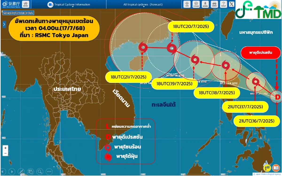 อัปเดต เส้นทางพายุดีเปรสชัน จ่อทวีกำลังแรงเป็นพายุโซนร้อน