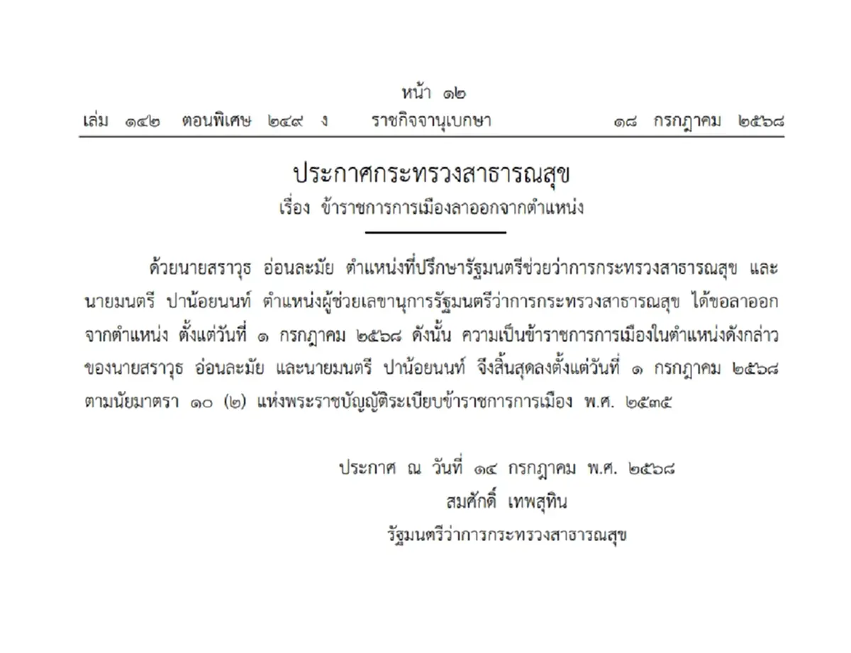 ราชกิจจาฯ ประกาศ ข้าราชการการเมือง ลาออกจากตำแหน่ง จำนวน 2 ราย