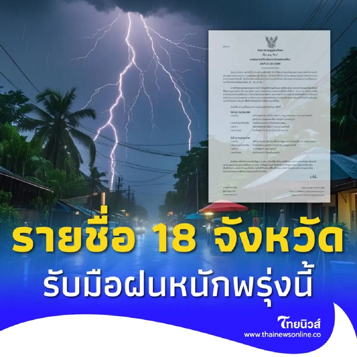 เตือน 18 จังหวัด พรุ่งนี้รับมืออิทธิพล พายุวิภา ฝนตกหนัก