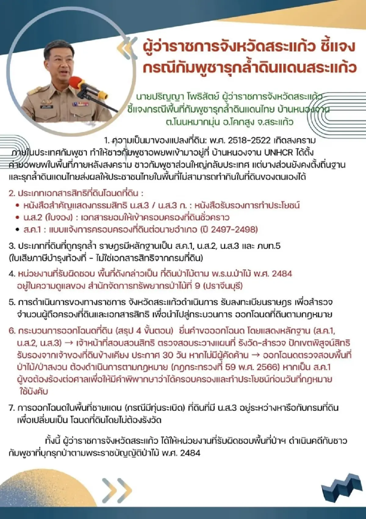 ผู้ว่าฯสระแก้ว แจง7ข้อ กัมพูชารุกล้ำบ้านหนองจาน สั่งดำเนินคดี