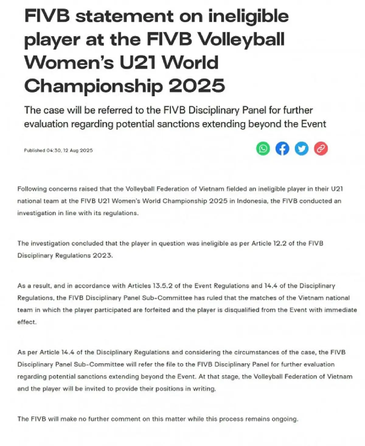เวียดนามโดน FIVB ยึดชัยทุกเกมที่ U21 เข้าร่วม - ตัดสิทธิ์ผู้เล่น