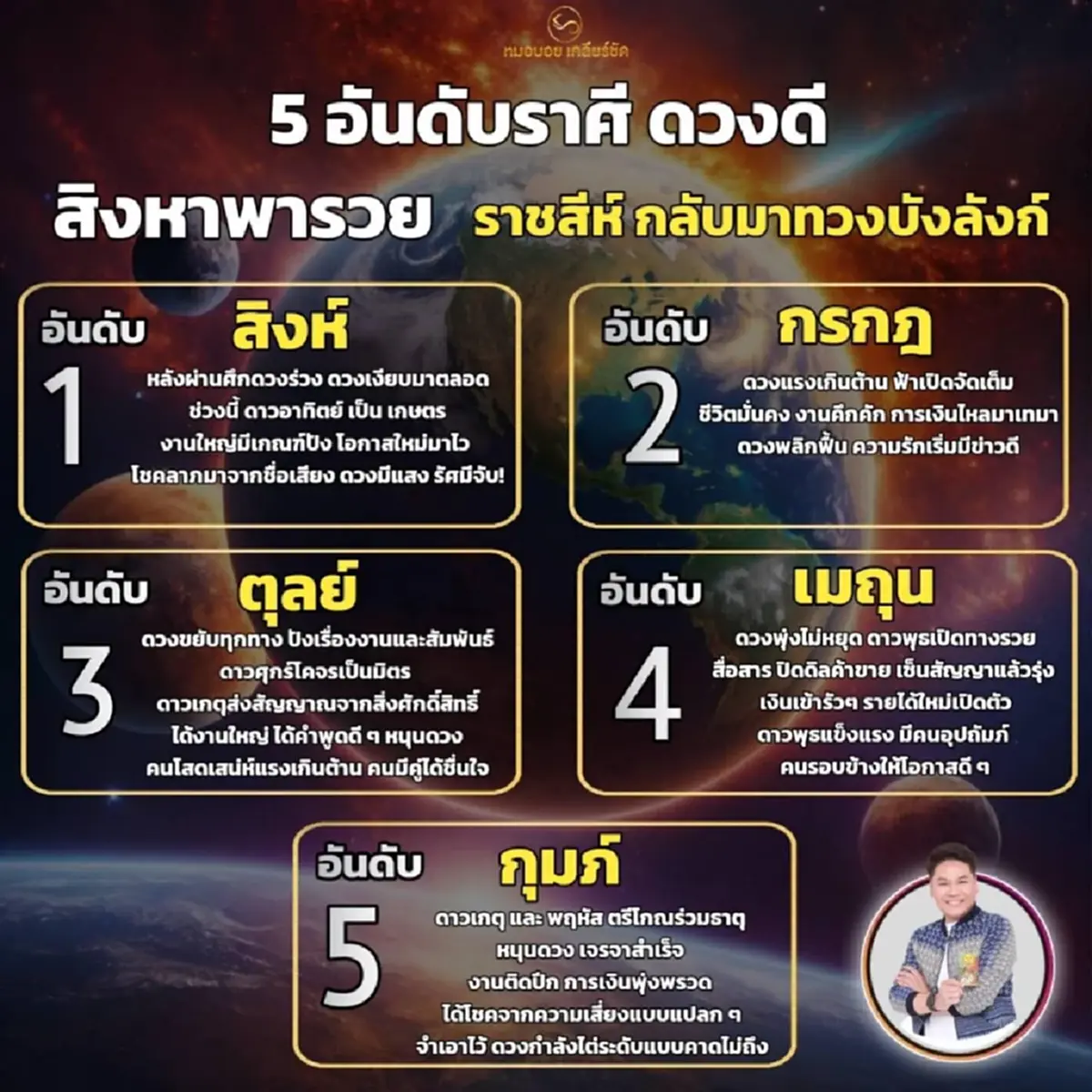 เปิดดวง 5 ราศี สิงหาพารวย ฟ้าเปิดทาง ราชสีห์กลับมาทวงบัลลังก์