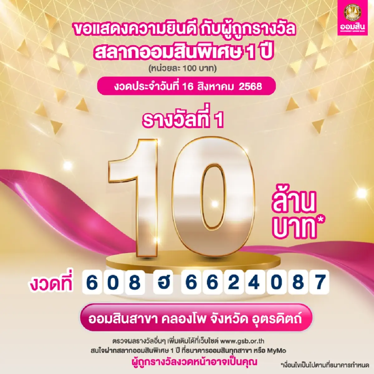 เศรษฐีป้ายแดง ชาวอุตรดิตถ์ ถูกสลากออมสินรางวัลที่ 1 รับทรัพย์ก้อนใหญ่