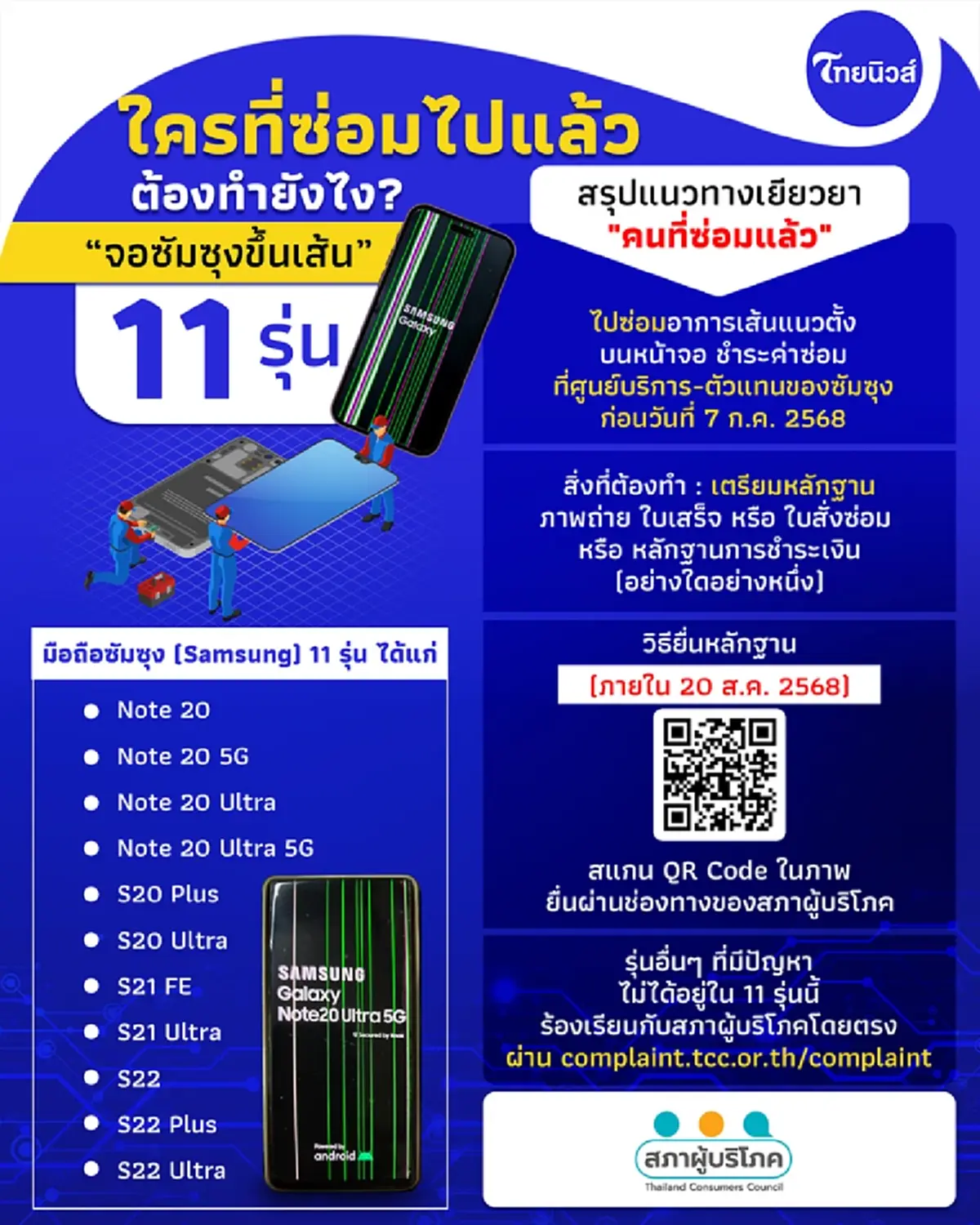 มือถือซัมซุง\"จอขึ้นเส้น 11รุ่น\" ใครซ่อมไปแล้ว อย่าลืมขอเงินค่าซ่อมคืน