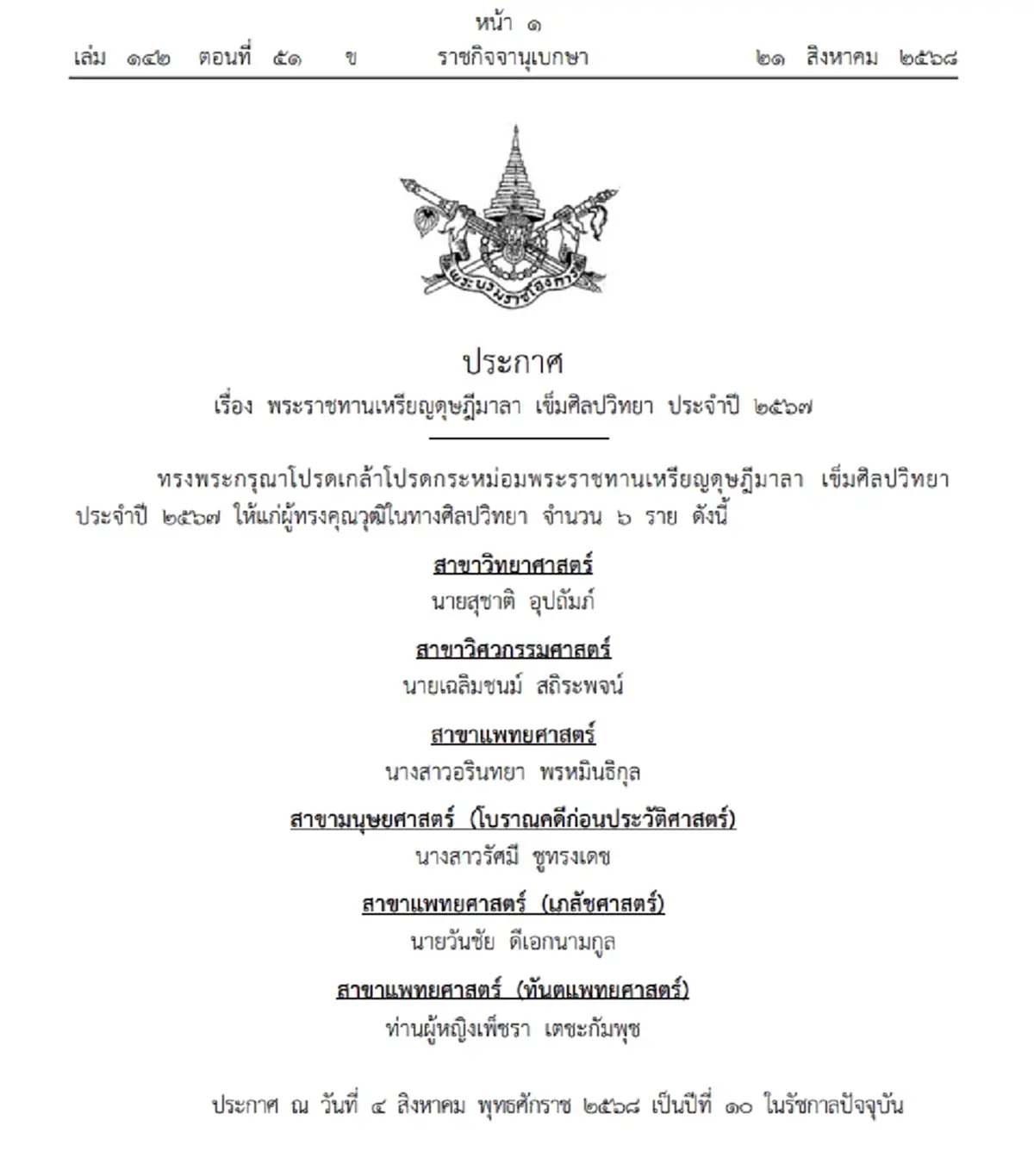 โปรดเกล้าฯ พระราชทานเหรียญดุษฎีมาลา เข็มศิลปวิทยา 6 ราย
