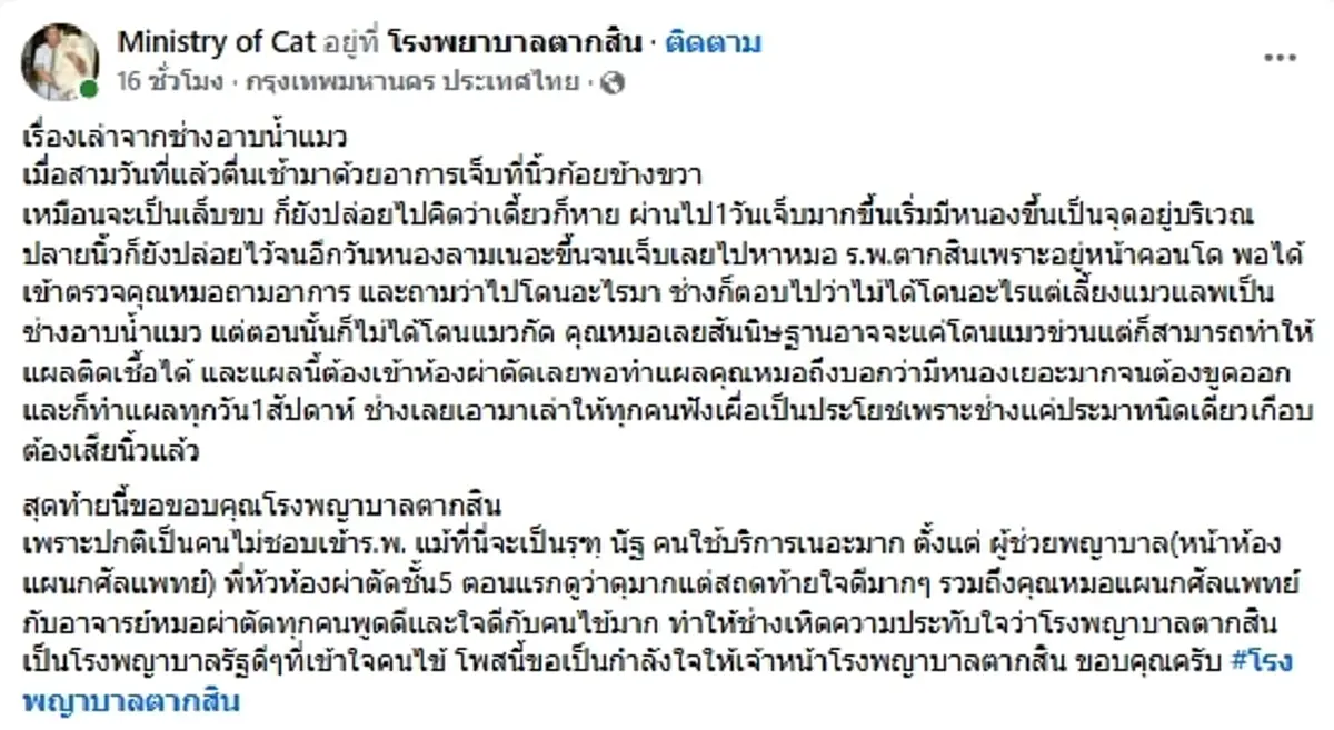 หนุ่มหวิดโดนตัดนิ้ว แผลเล็ก ๆ จากแมวข่วน เตือนอย่าชะล่าใจ