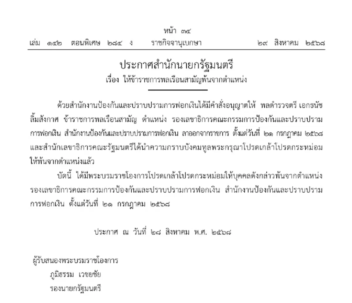 โปรดเกล้าฯ พล.ต.ต. เอกธนัช ลิ้มสังกาศ พ้นรองเลขาธิการ ปปง.