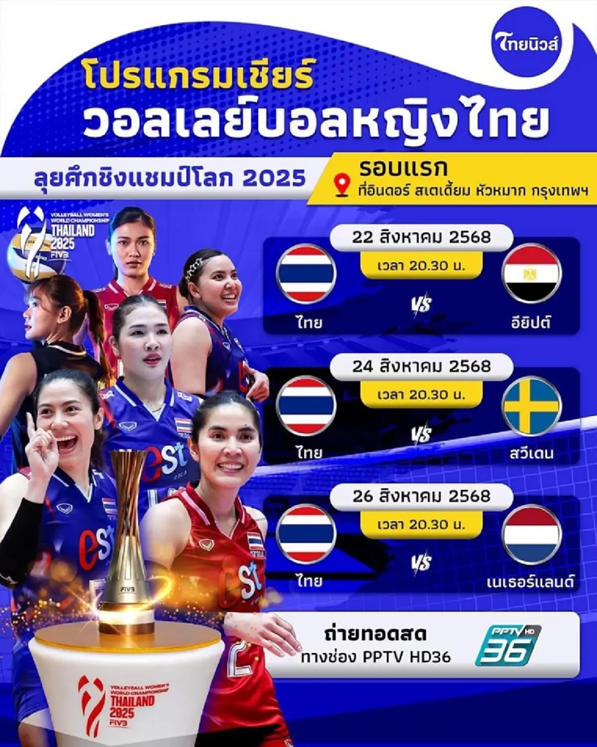 ดูวอลเลย์บอลสด  ไทย พบ สวีเดน สดวอลเลย์บอลหญิงไทย ชิงแชมป์โลก 2025