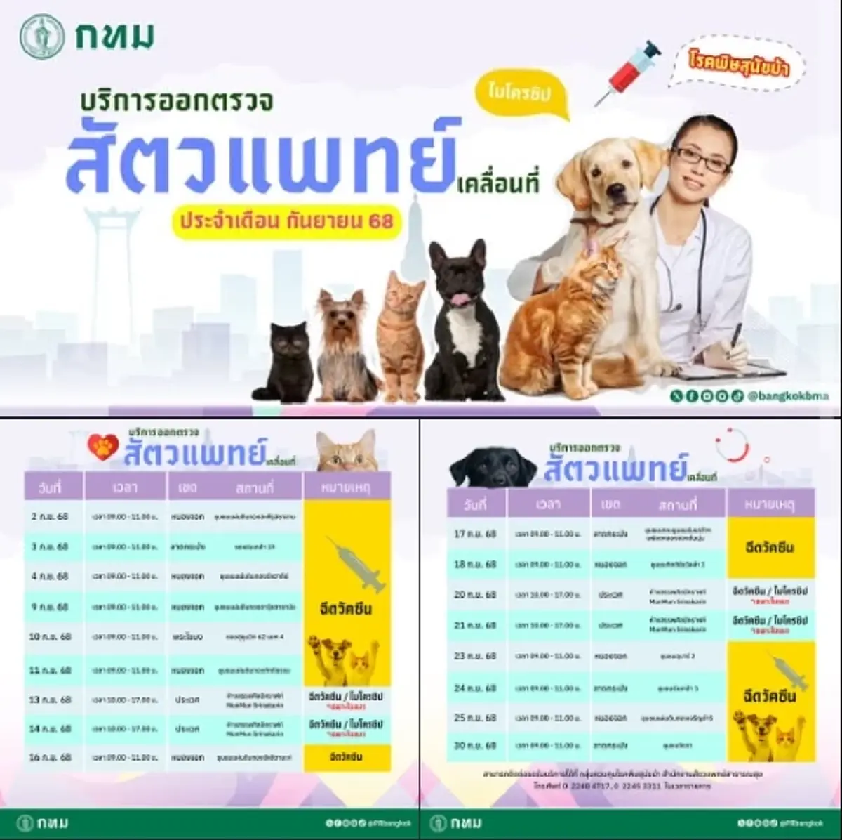 กทม. จัดหน่วยสัตวแพทย์เคลื่อนที่เดือน ก.ย. บริการทำหมัน-ฉีดวัคซีนฟรี