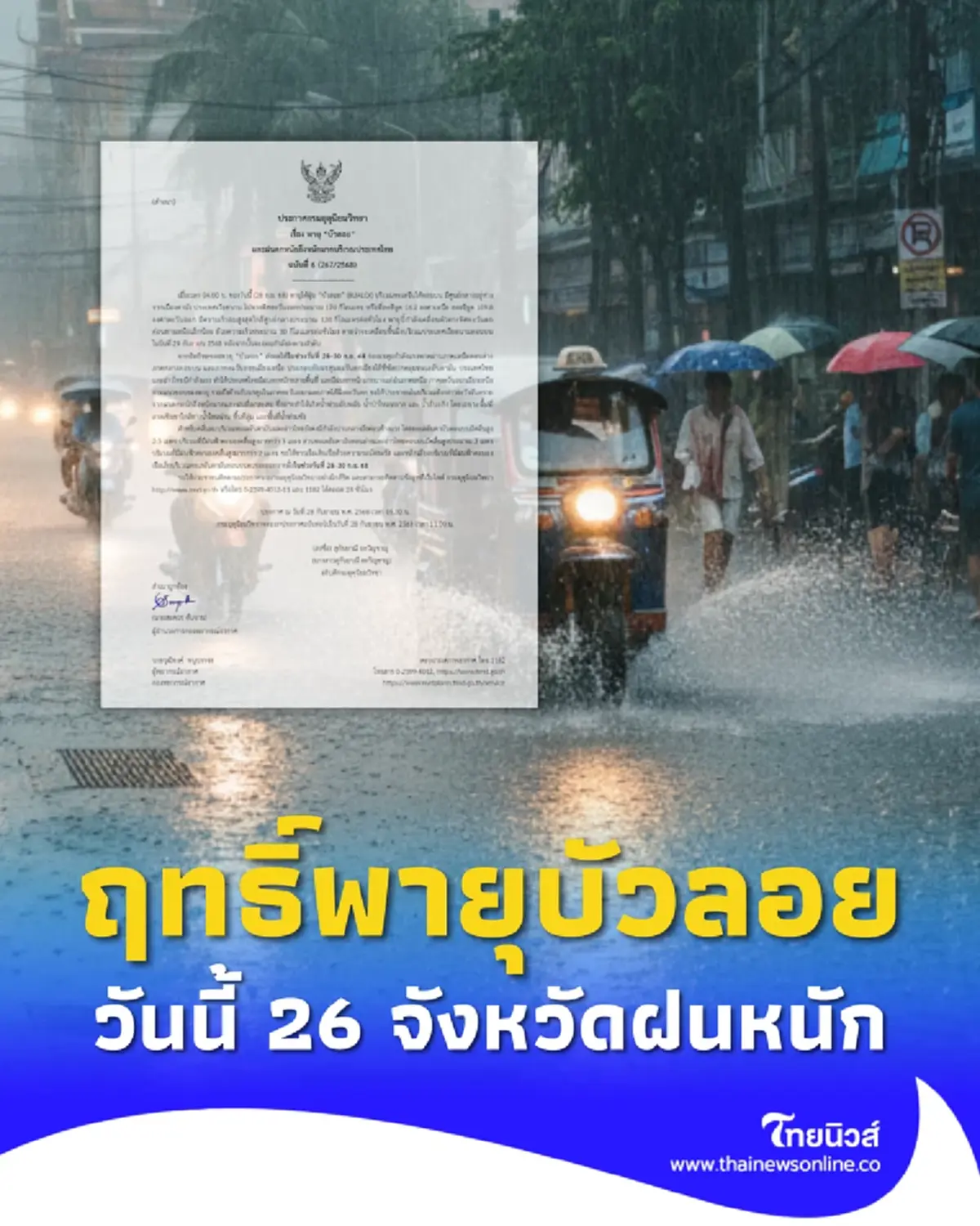 ประกาศ ฉ.6 พายุบัวลอย กระทบไทย 28–30 ก.ย. เปิดชื่อจังหวัดฝนตกหนัก