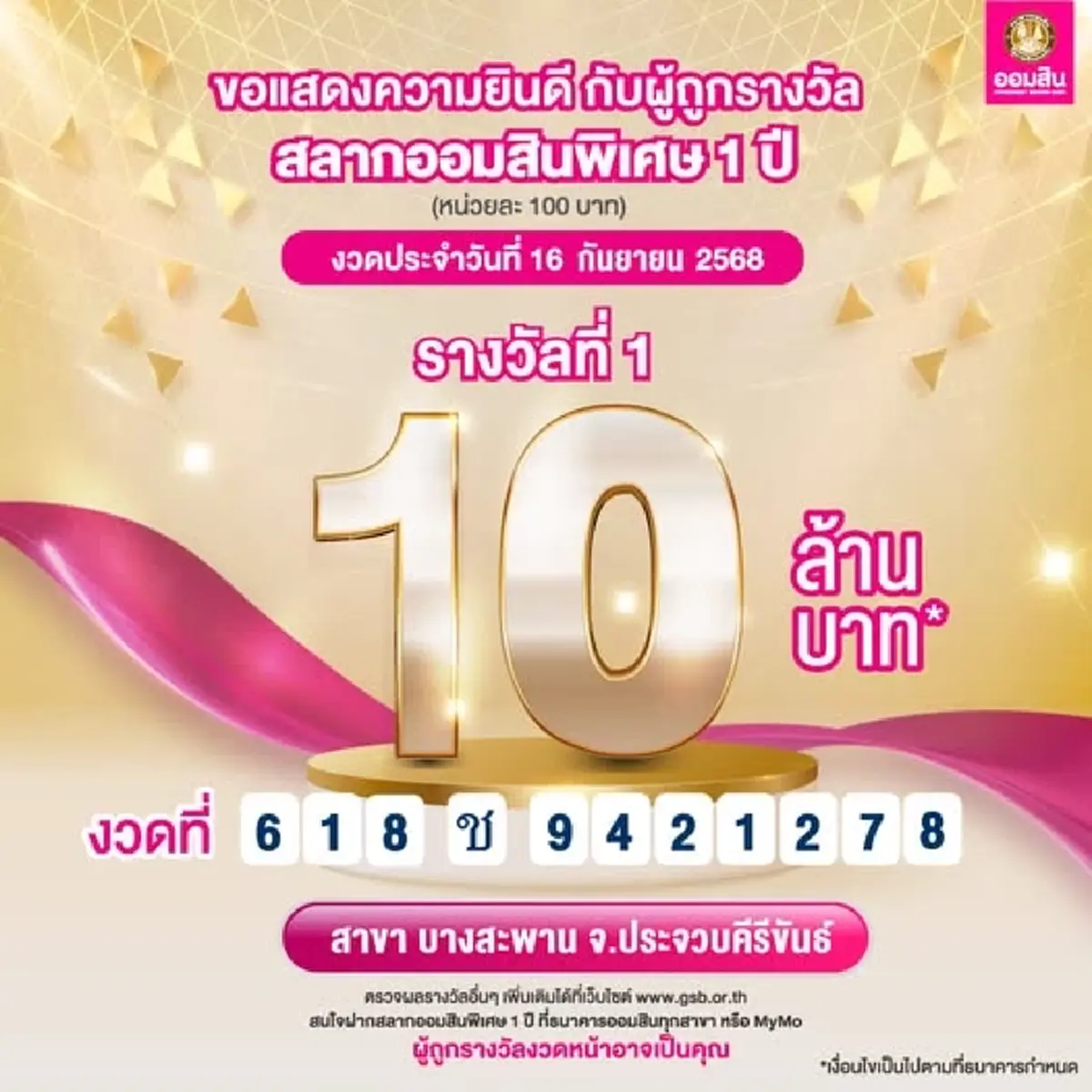 เศรษฐีป้ายแดง ชาวประจวบฯ ถูกสลากออมสินรางวัลที่ 1 รับทรัพย์ก้อนใหญ่