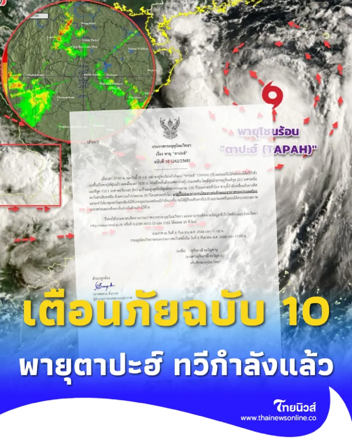 เตือนภัยฉบับ 10 พายุตาปะฮ์ ทวีกำลังแล้ว เปิดเส้นทางล่าสุด
