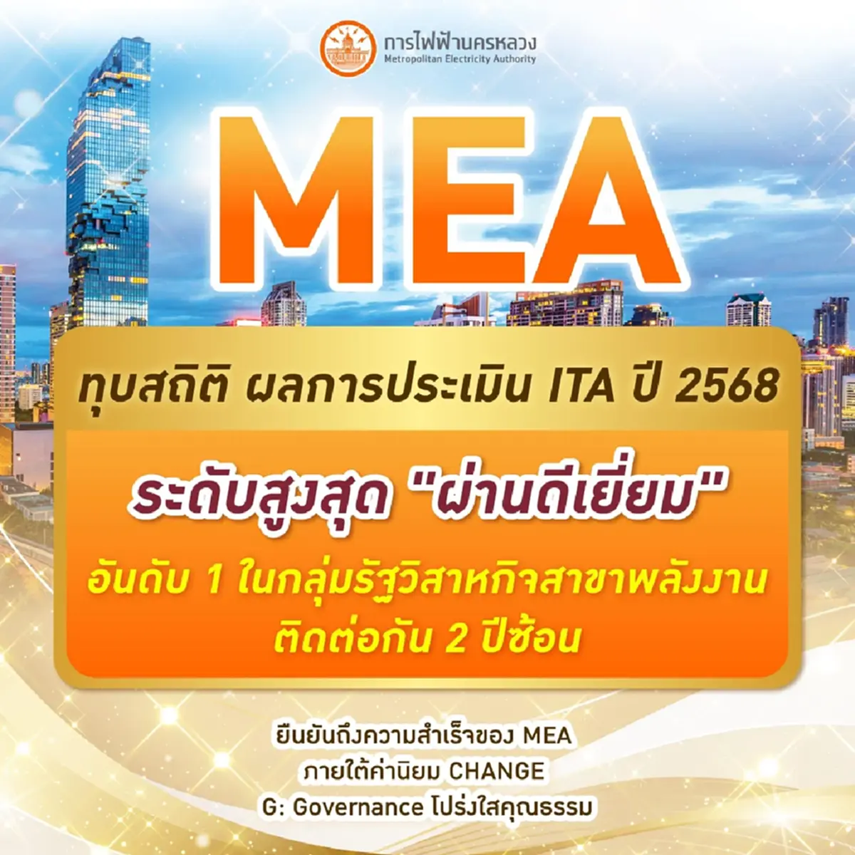 MEA ทุบสถิติ ผลการประเมิน ITA ปี 2568 อันดับ 1 กลุ่มรัฐวิสาหกิจสาขาพลังงาน  2 ปีซ้อน