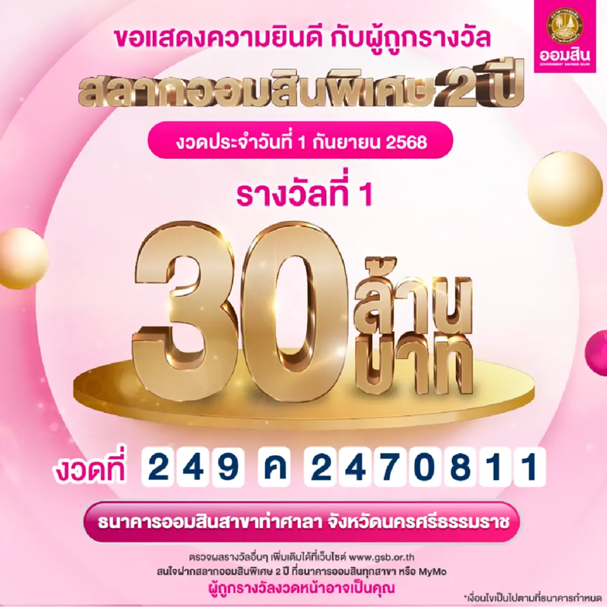 เศรษฐีป้ายแดง ชาวท่าศาลา ถูกสลากออมสินรางวัลที่ 1 รับทรัพย์ก้อนใหญ่