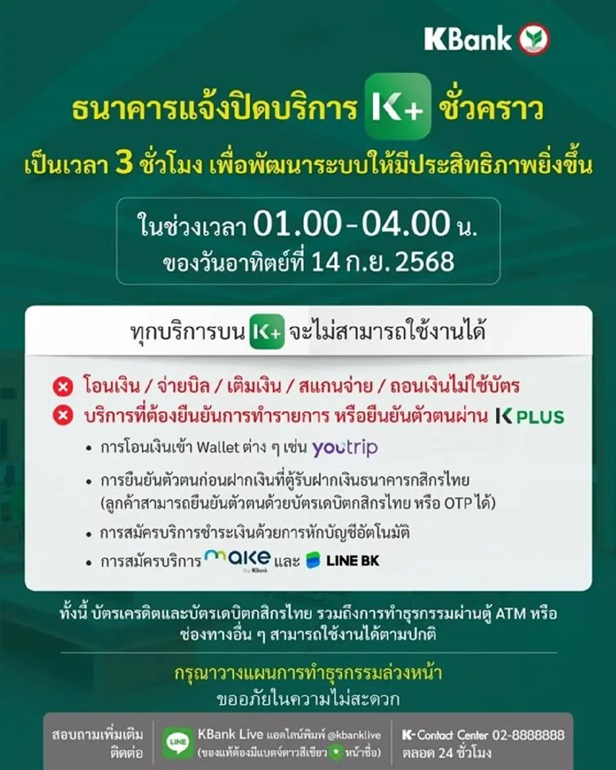 กสิกรไทย แจ้งปิดบริการ K PLUS ชั่วคราว เช็กวัน เวลา วางแผนล่วงหน้า