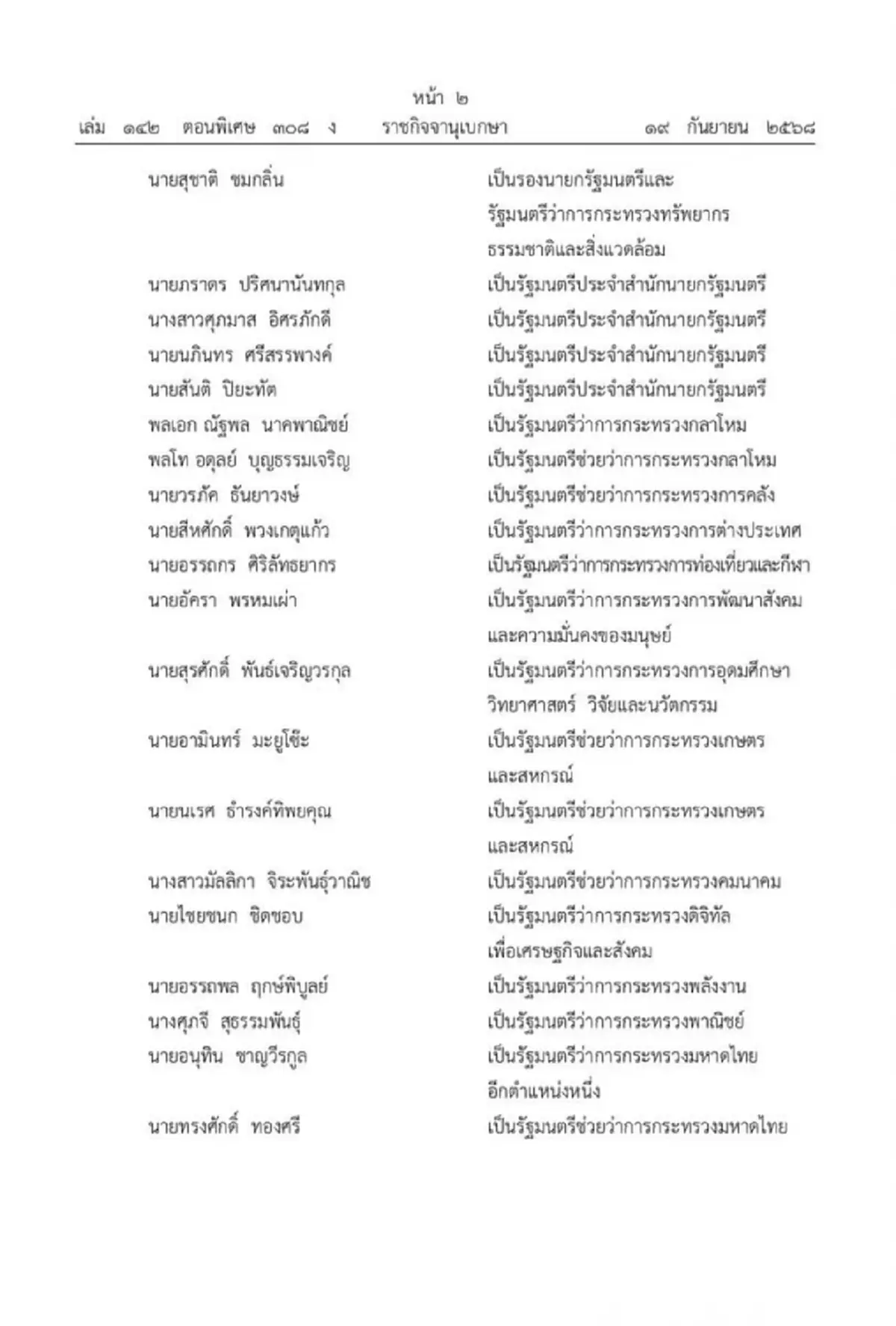 โปรดเกล้าฯ แต่งตั้ง ครม.อนุทิน เช็กรายชื่อรัฐมนตรีทั้งหมด