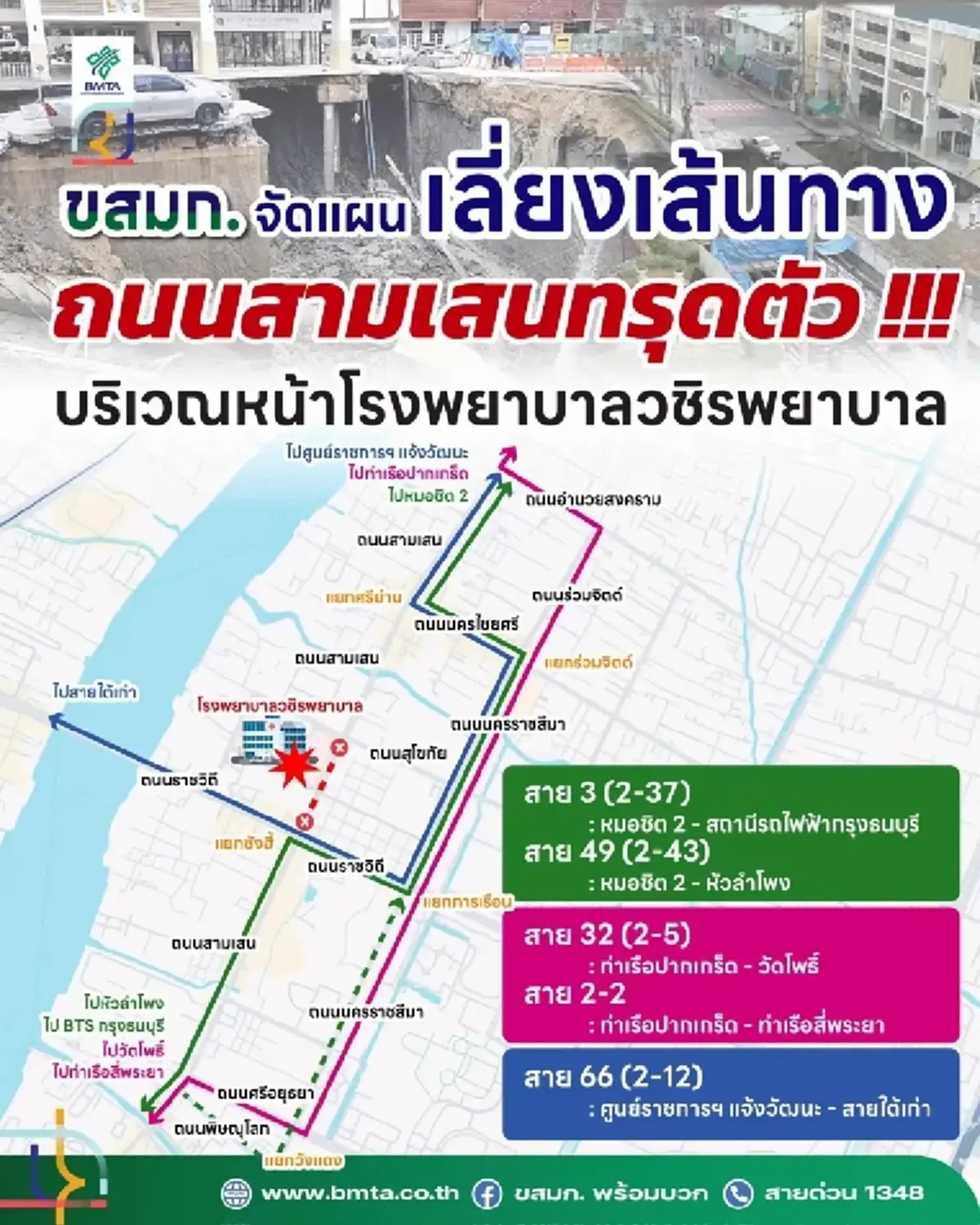 ขสมก. ประกาศเปลี่ยนเส้นทาง 5 สายรถเมล์ เลี่ยงถนนสามเสนทรุดตัว