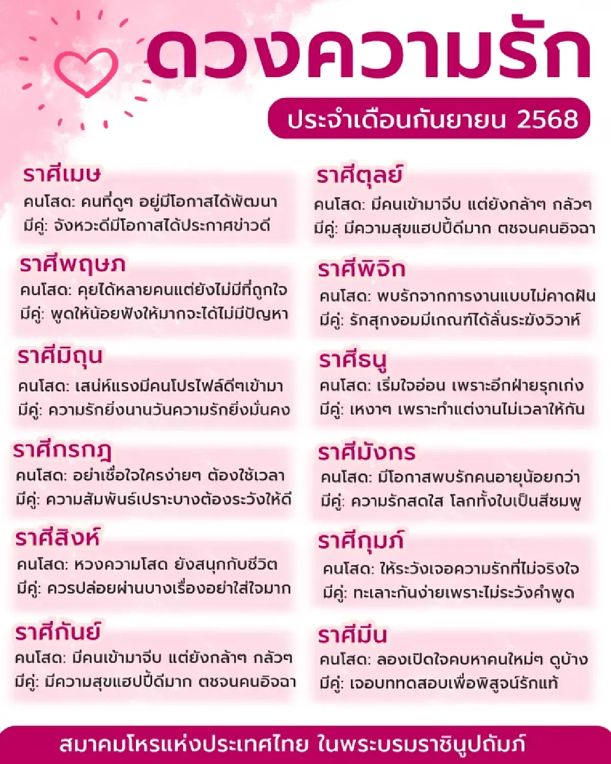 ดวงความรัก 12 ราศี เดือนก.ย.68 พบราศีต้องระวัง เจอคนที่ไม่จริงใจ