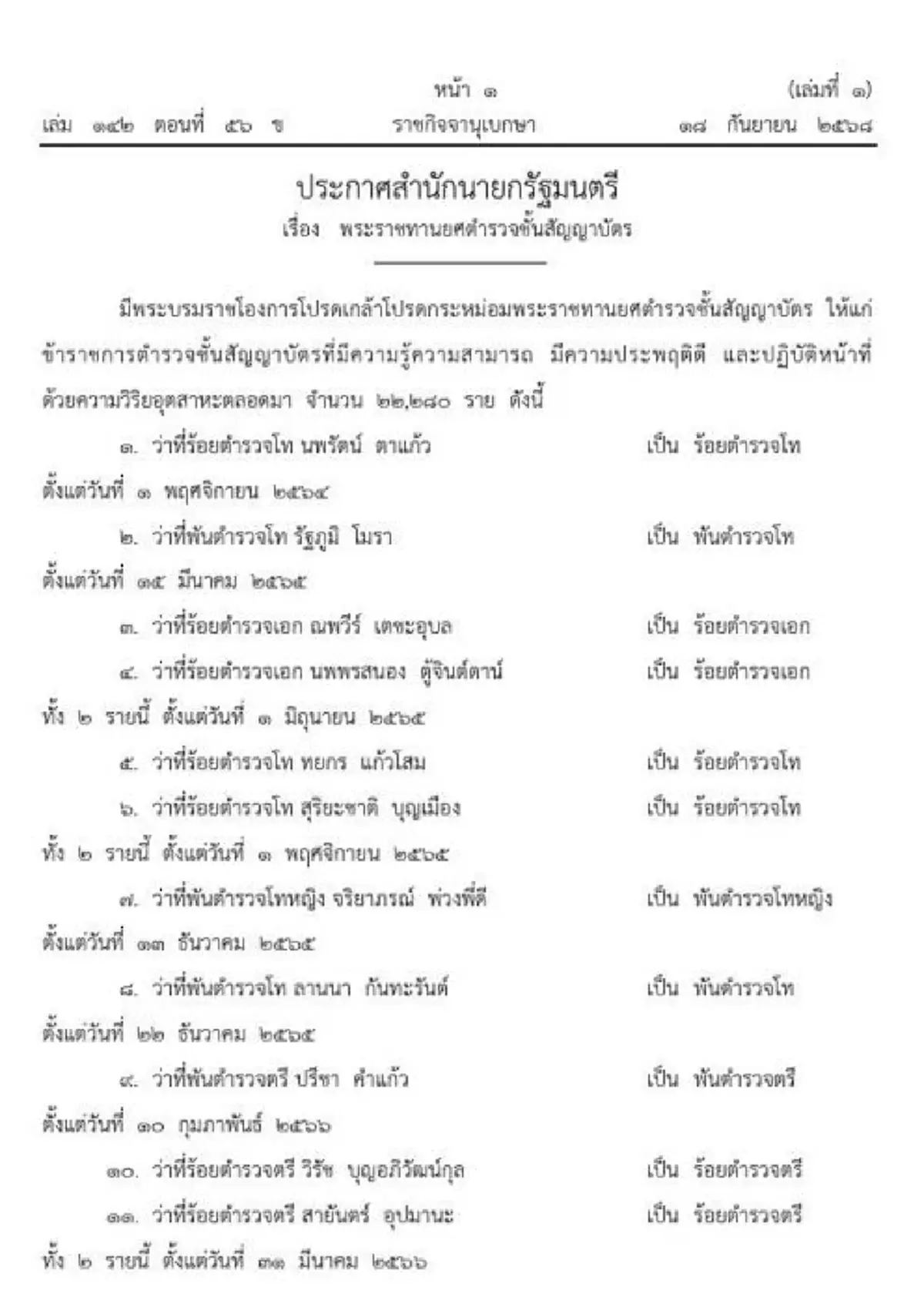 โปรดเกล้าฯ พระราชทานยศตำรวจชั้นสัญญาบัตร 22,280 ราย เช็กรายชื่อ