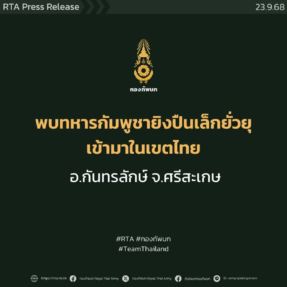 กองทัพภาค 2 แจงด่วน แล้ว หลัง ทหารกัมพูชายิงปืนเล็ก เข้าพื้นที่ไทย