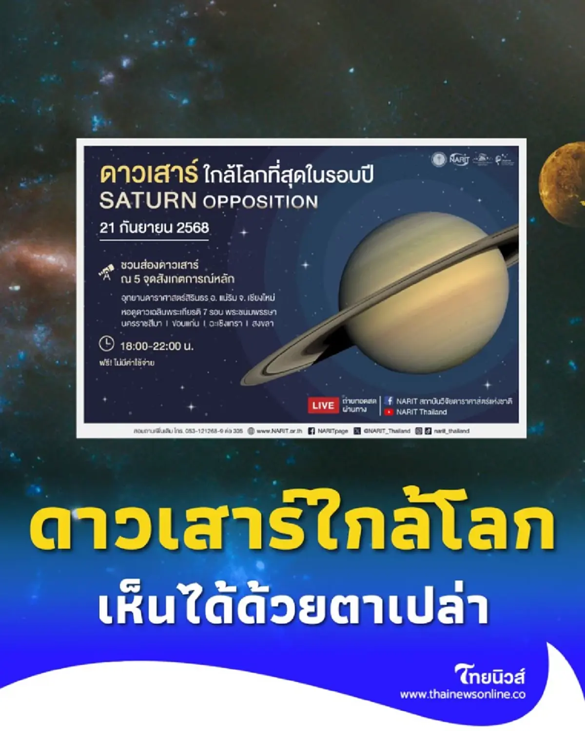 21 ก.ย.นี้ ดาวเสาร์ใกล้โลกที่สุดในรอบปี สว่างชัด มองเห็นได้ด้วยตาเปล่า