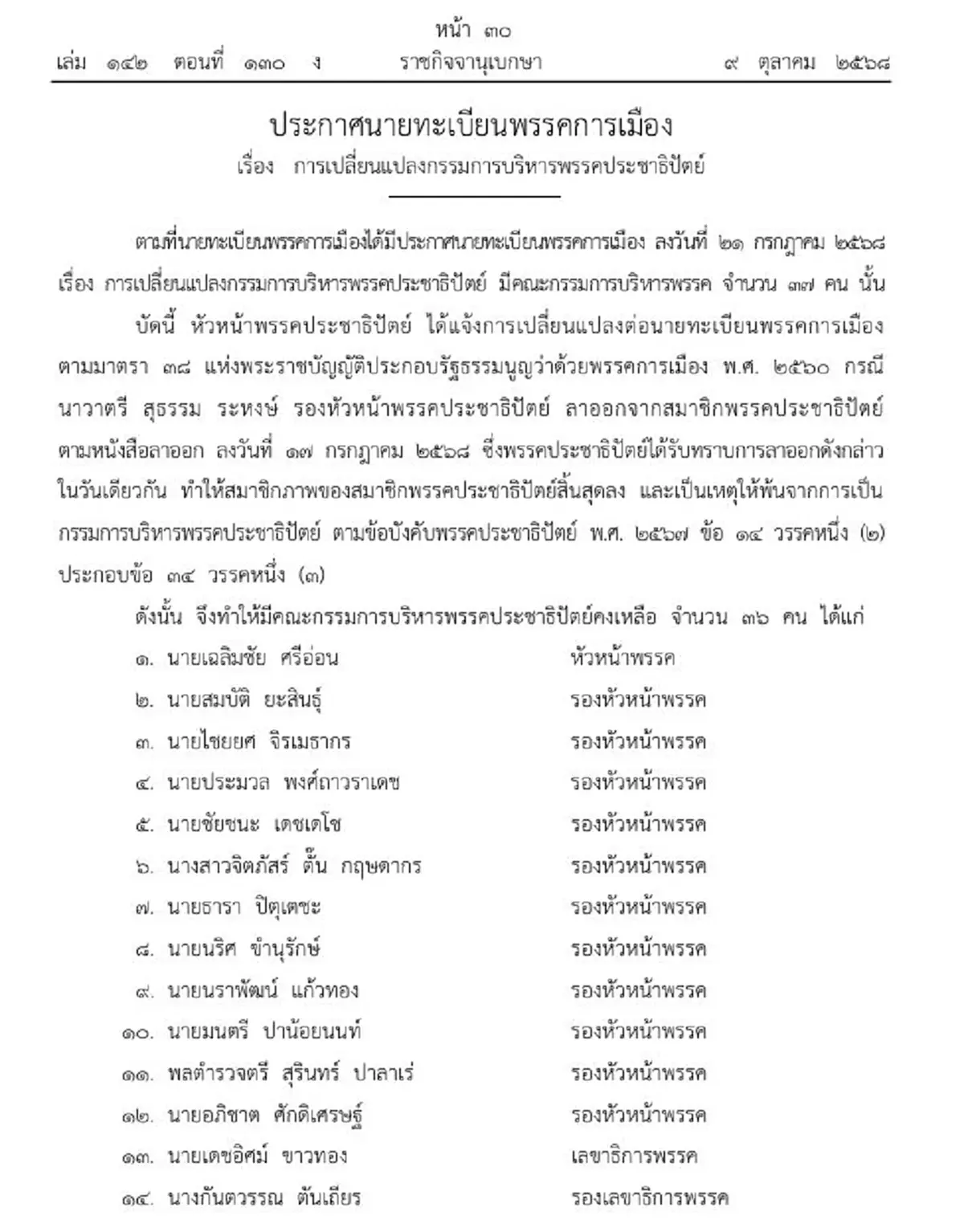 ประกาศราชกิจจาฯ เปลี่ยนแปลงกรรมการบริหาร พรรคประชาธิปัตย์