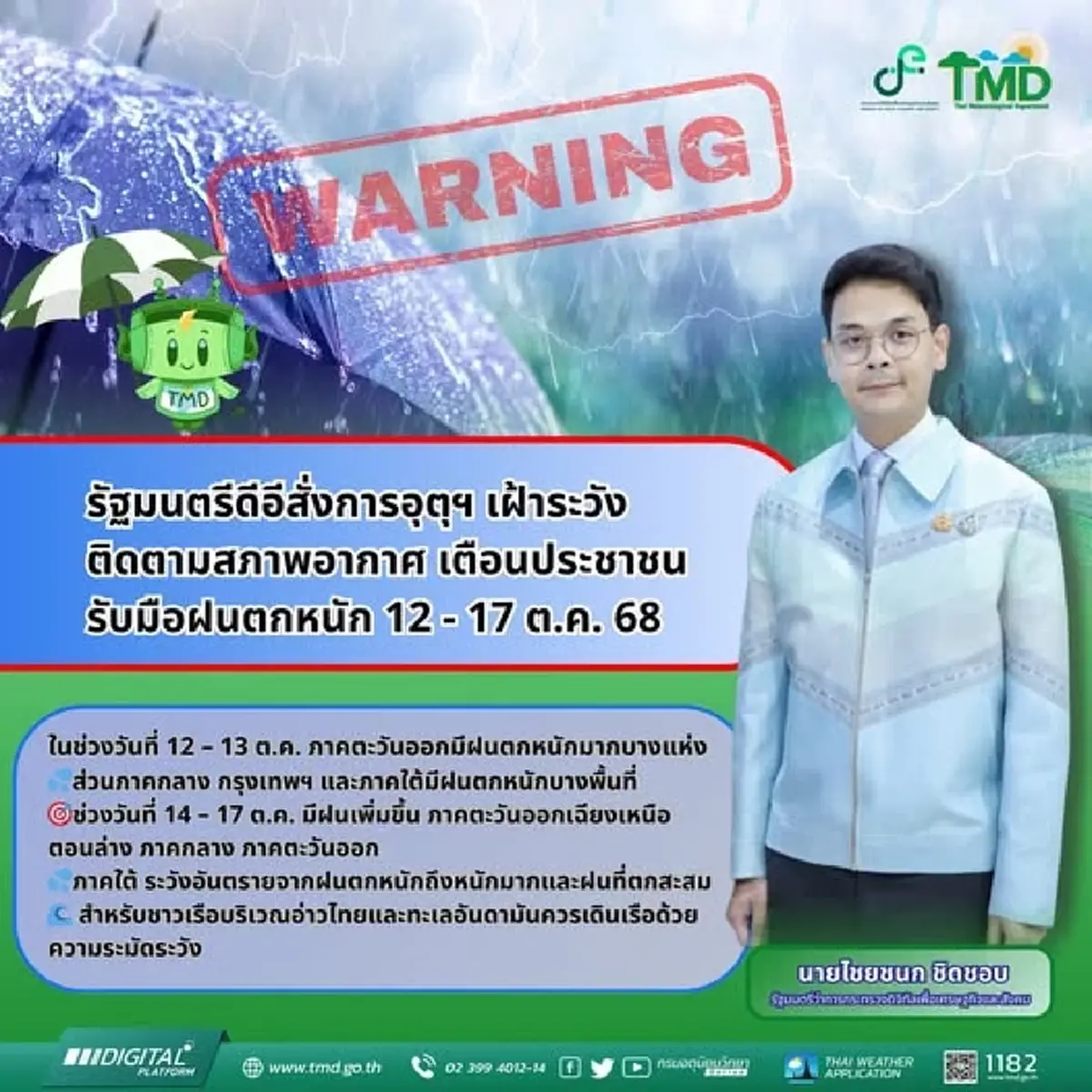 รัฐมนตรีดีอีสั่งกรมอุตุฯ เฝ้าระวังฝนตกหนัก 12 – 18 ต.ค. 68