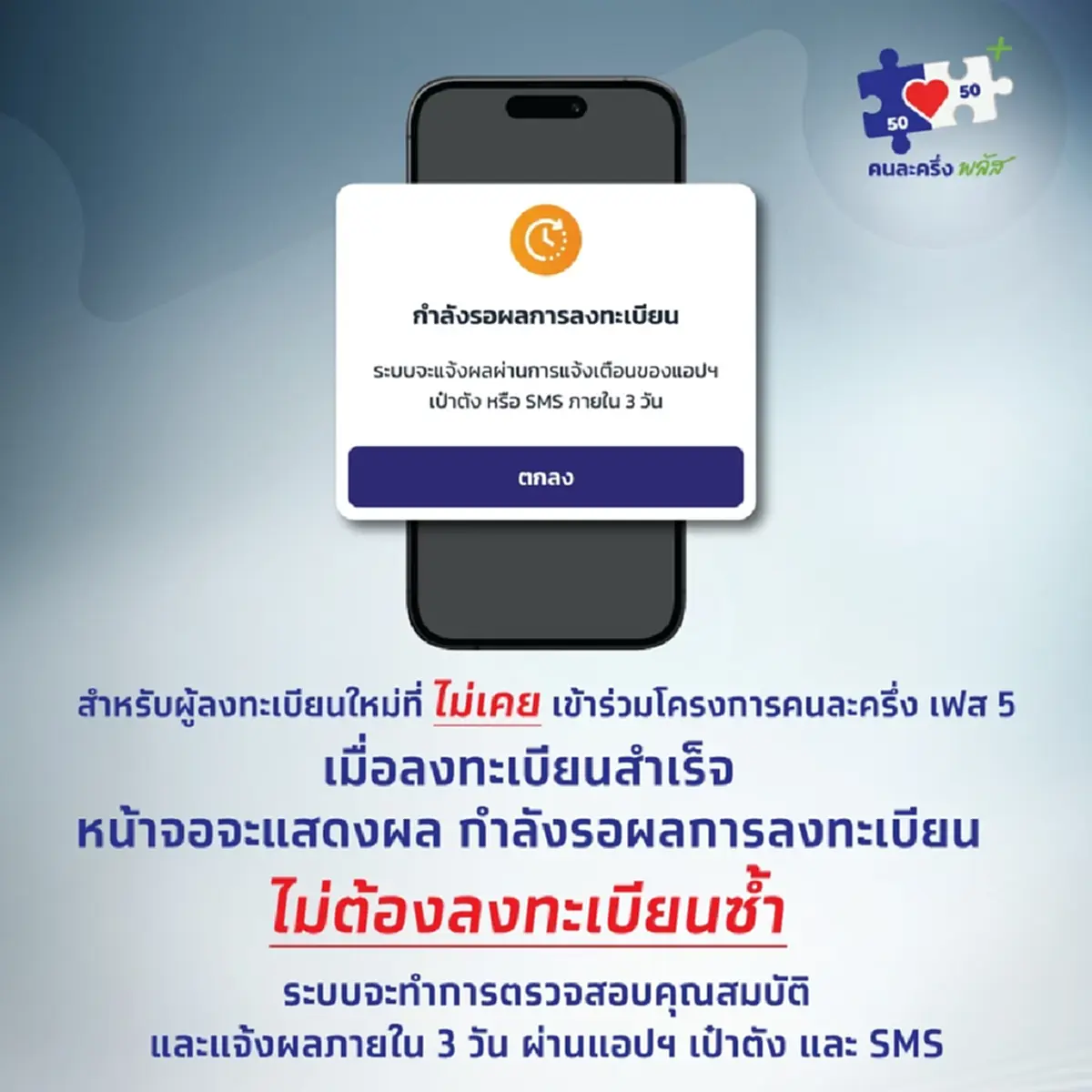 คนละครึ่งพลัส เช็กเลยขึ้นข้อความแบบนี้ ได้-ไม่ได้รับสิทธิ