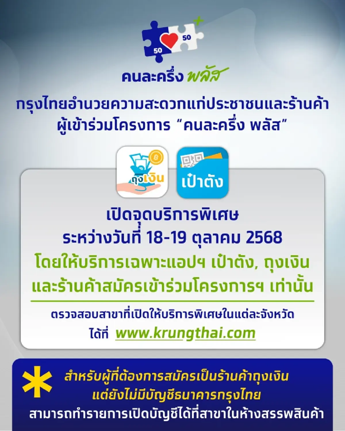 คนละครึ่งพลัส กรุงไทย เปิด 62 จุดพิเศษ ให้บริการเฉพาะแอปฯเป๋าตัง-ถุงเงิน