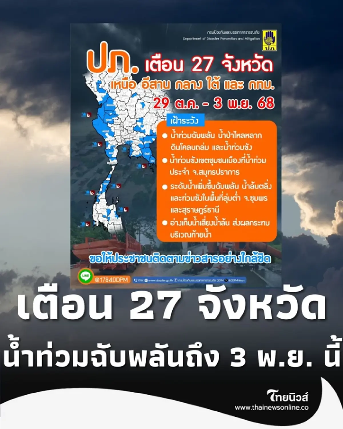 ปภ. แจ้งเตือน 27 จังหวัดต้องระวัง น้ำท่วมฉับพลันถึง 3 พ.ย. นี้
