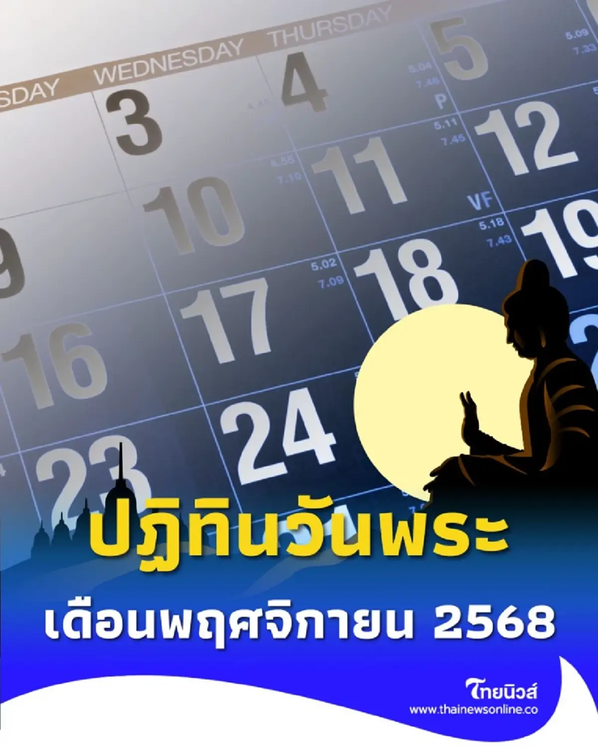 ปฏิทินวันพระ วันสำคัญ วันหยุด เดือนพฤศจิกายน 2568 มีวันไหนบ้าง