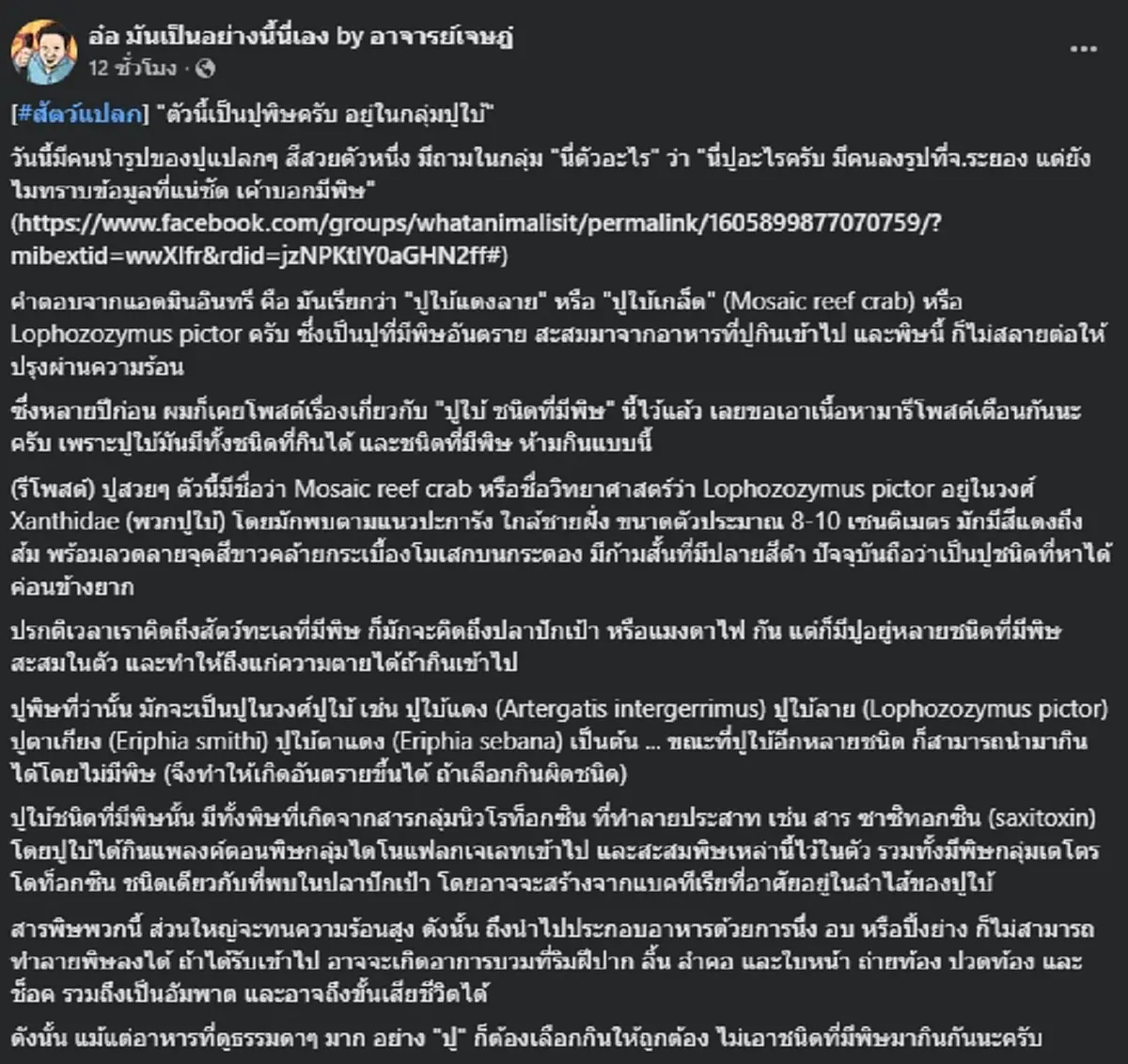 ดับไม่รู้ตัว อ.เจษฎ์ เตือนห้ามกินปูแดงลายจุด หลงบริโภคถึงตาย
