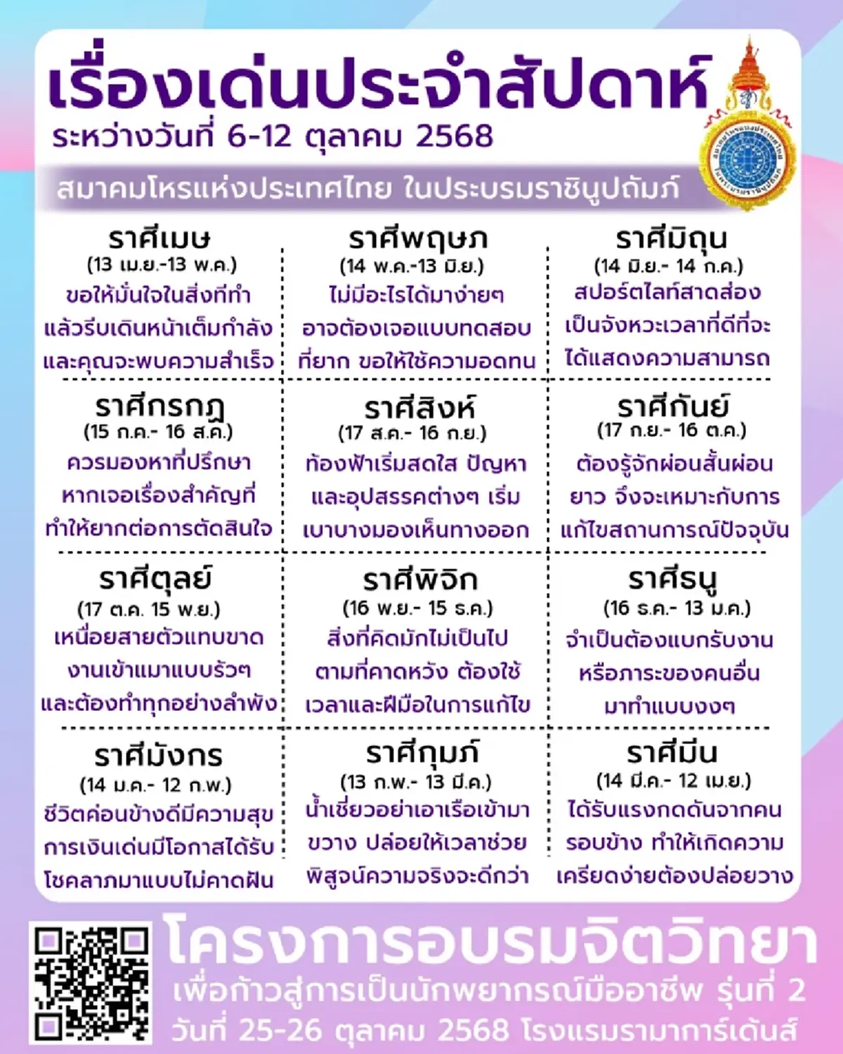 12 ราศี ดวงเด่นประจำสัปดาห์ 6-12 ต.ค. พบราศีเรื่องการงานต้องระวัง