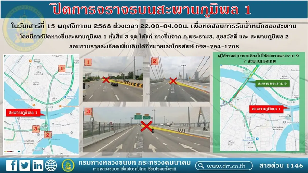 เตือนคืนวันเสาร์นี้ 15 พ.ย. งดใช้สะพานภูมิพล 1 สี่ทุ่มถึงตีสี่