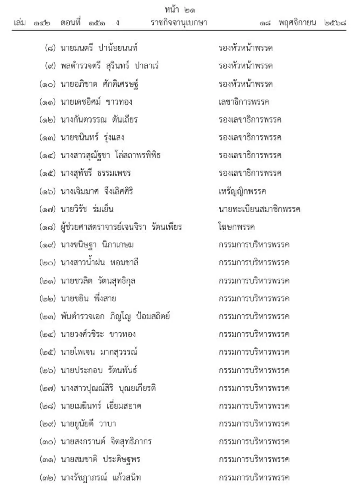 ราชกิจจาฯ ประกาศเปลี่ยนแปลงกรรมการบริหารพรรคประชาธิปัตย์