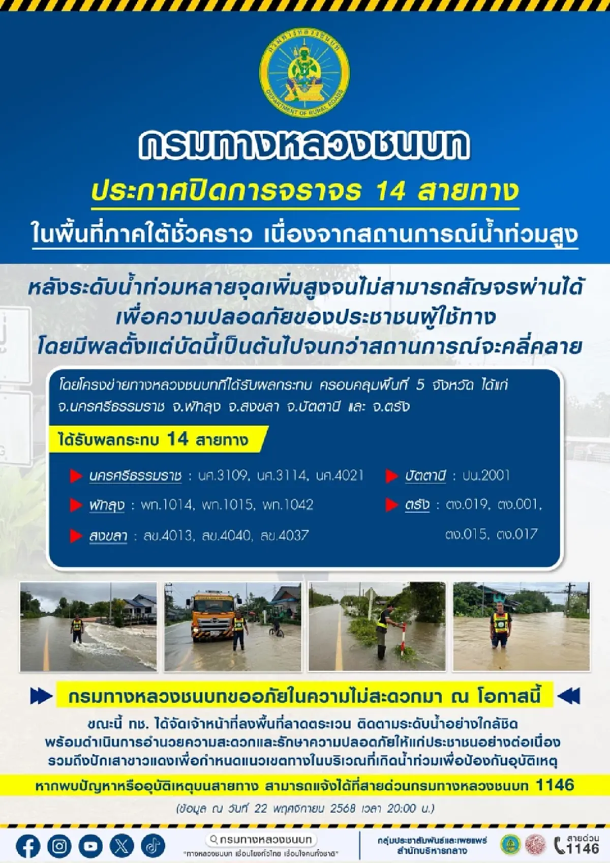 น้ำท่วมภาคใต้ เปิด 14 สายทาง กรมทางหลวงชนบท แจ้งปิดการจราจร