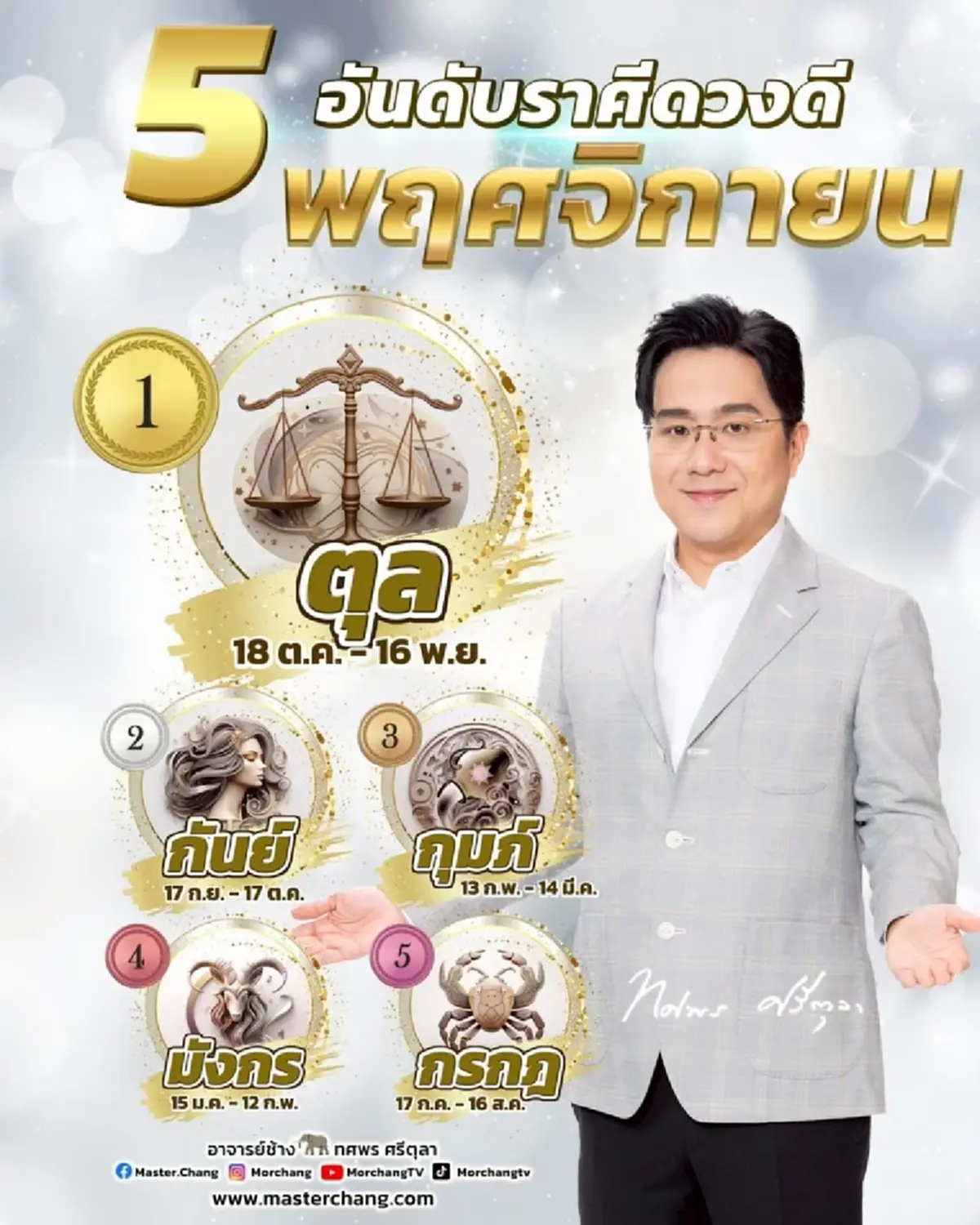 หมอช้าง เคาะแล้ว 5 อันดับราศีดวงดี ปังที่สุดเดือนพฤศจิกายน