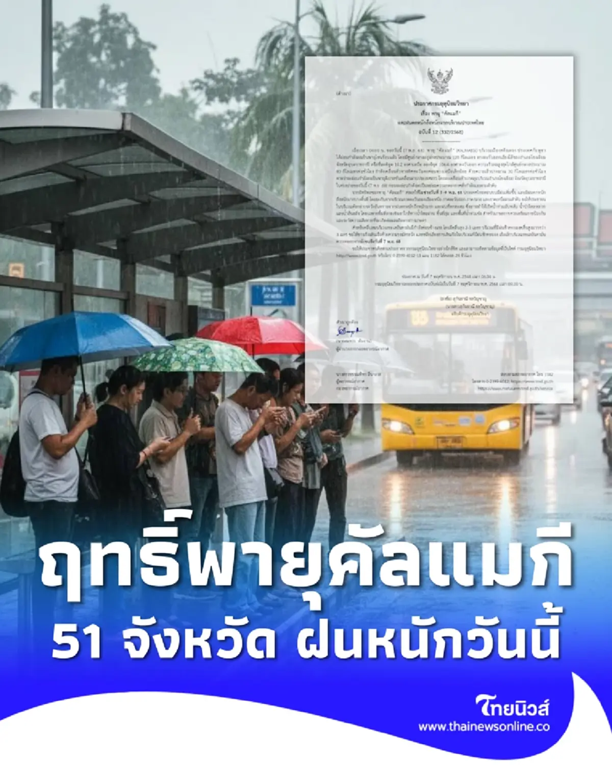 ประกาศ ฉ.12 พายุคัลแมกี เปิดชื่อ 51 จังหวัด วันนี้โดนเต็มๆ ฝนหนัก
