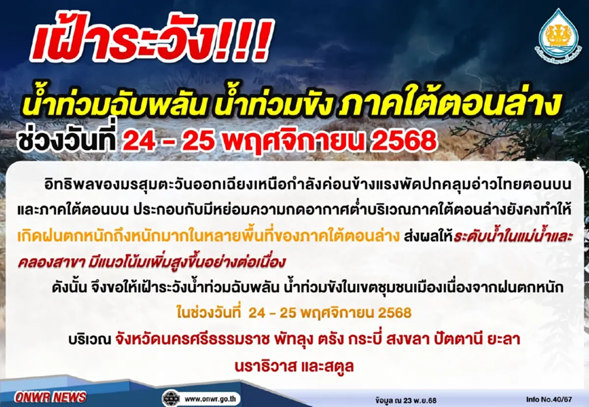 สทนช. เตือน 9 จังหวัด 72 อำเภอ ระวังน้ำท่วมฉับพลัน 24 - 25 พ.ย. 68