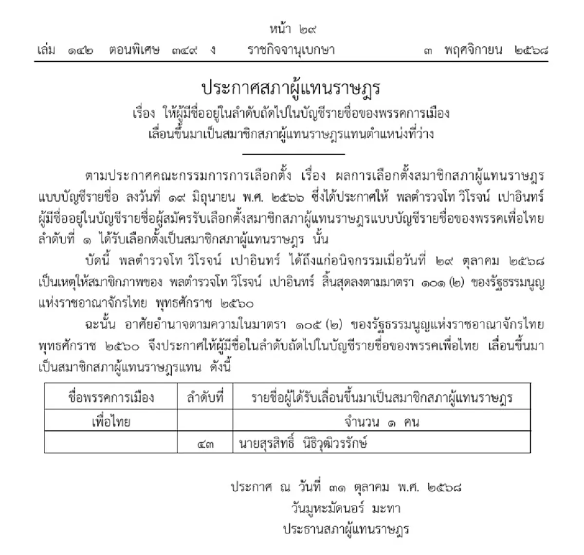 ราชกิจจาฯ เลื่อน สส. ขึ้นมาแทน พลตำรวจโท วิโรจน์ เปาอินทร์
