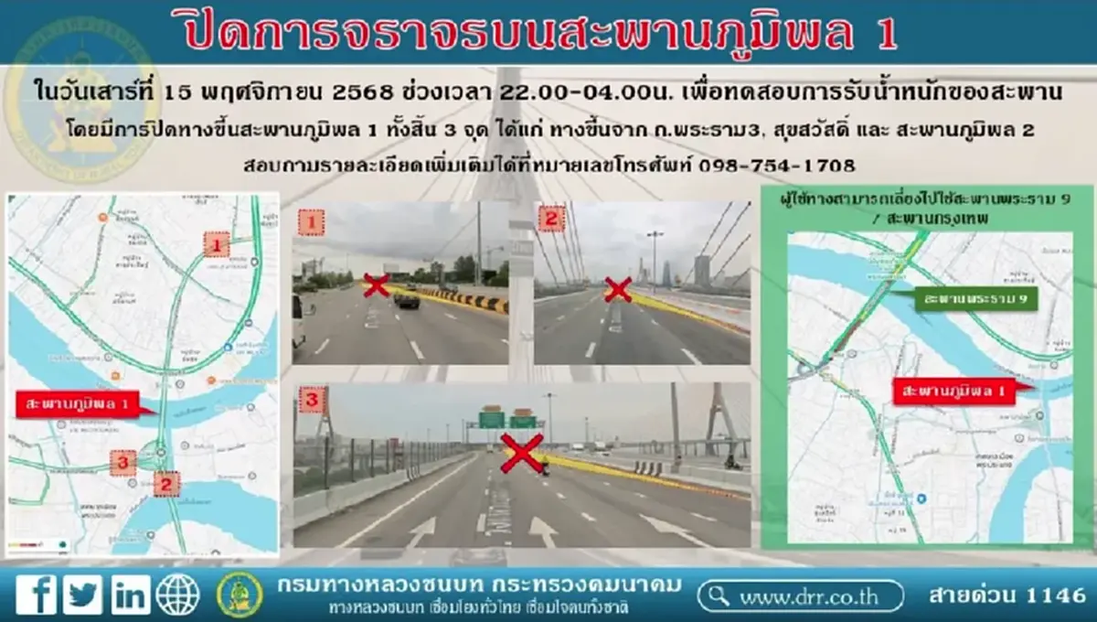 เช็กเส้นทาง ปิดถนน 6 ชม. บนสะพานภูมิพล 1 ทดสอบการรับน้ำหนัก