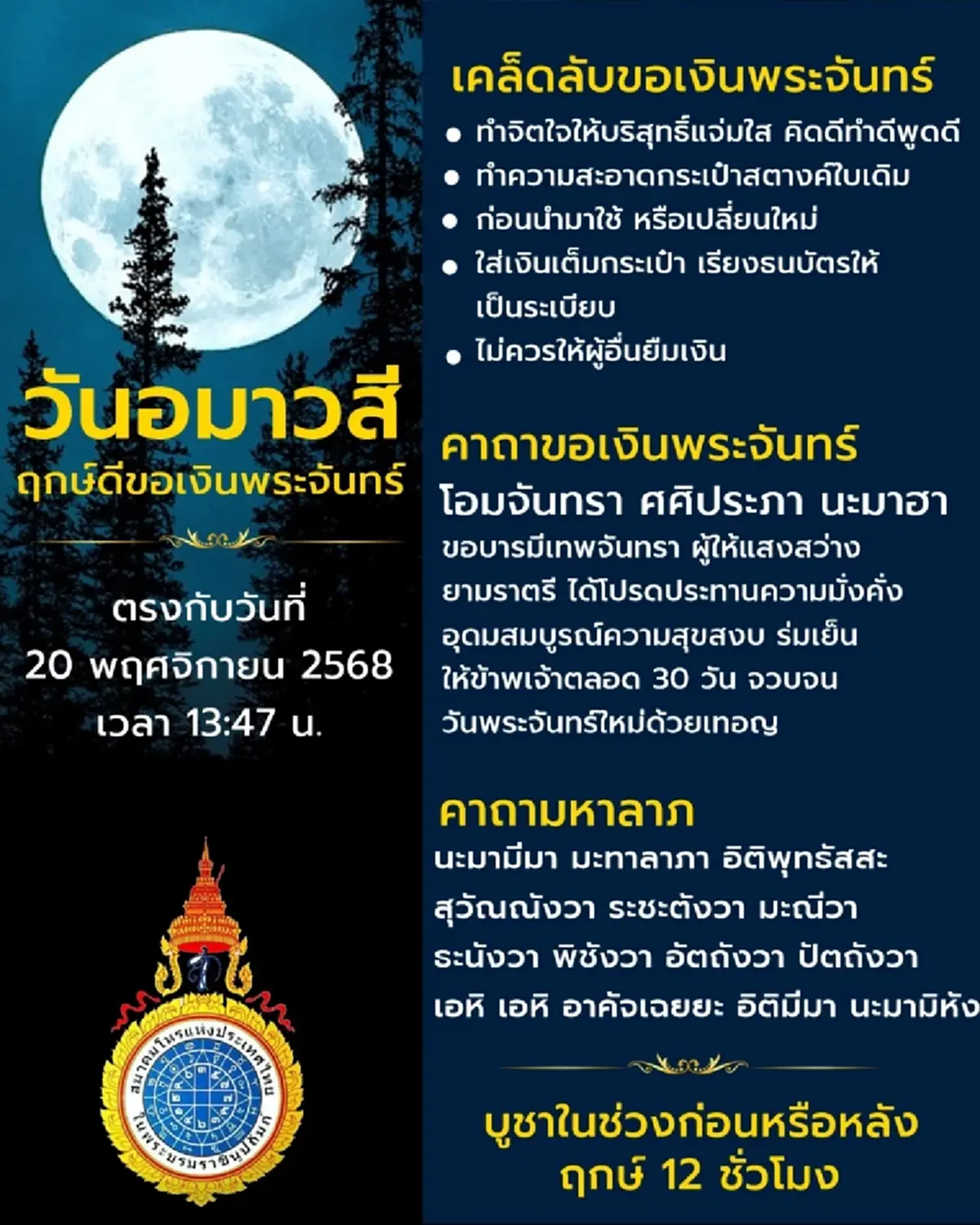 เปิดฤกษ์ดี วันขอเงินพระจันทร์ เรียกทรัพย์กวักเงิน เดือน พ.ย.68