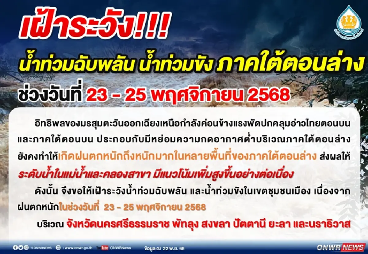 สทนช. เตือน 6 จังหวัด 39 อำเภอ ระวังน้ำท่วมฉับพลัน น้ำป่า 23 - 25 พ.ย. 68