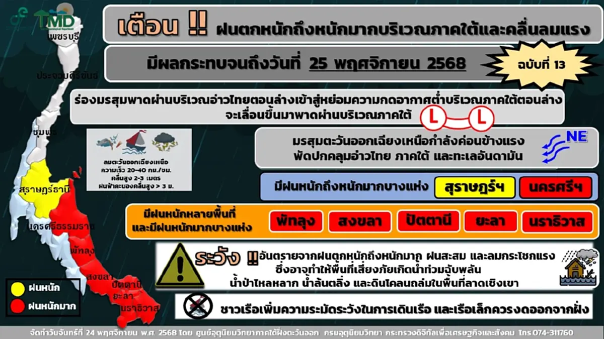 เตือน 7 จังหวัด พื้นที่สีเหลือง-แดง ฝนตกหนักถึงหนักมาก ถึง 25 พ.ย.