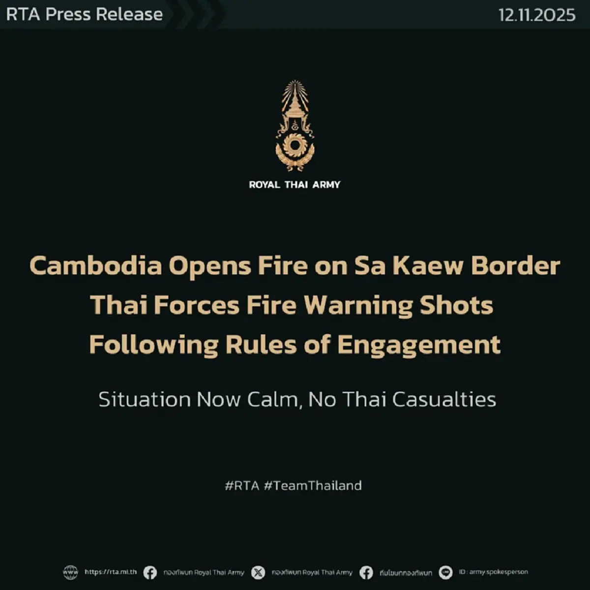 กองทัพบก ยืนยัน กัมพูชายิงก่อนชายแดนหนองหญ้าแก้ว 10 นาทีเหตุสงบ