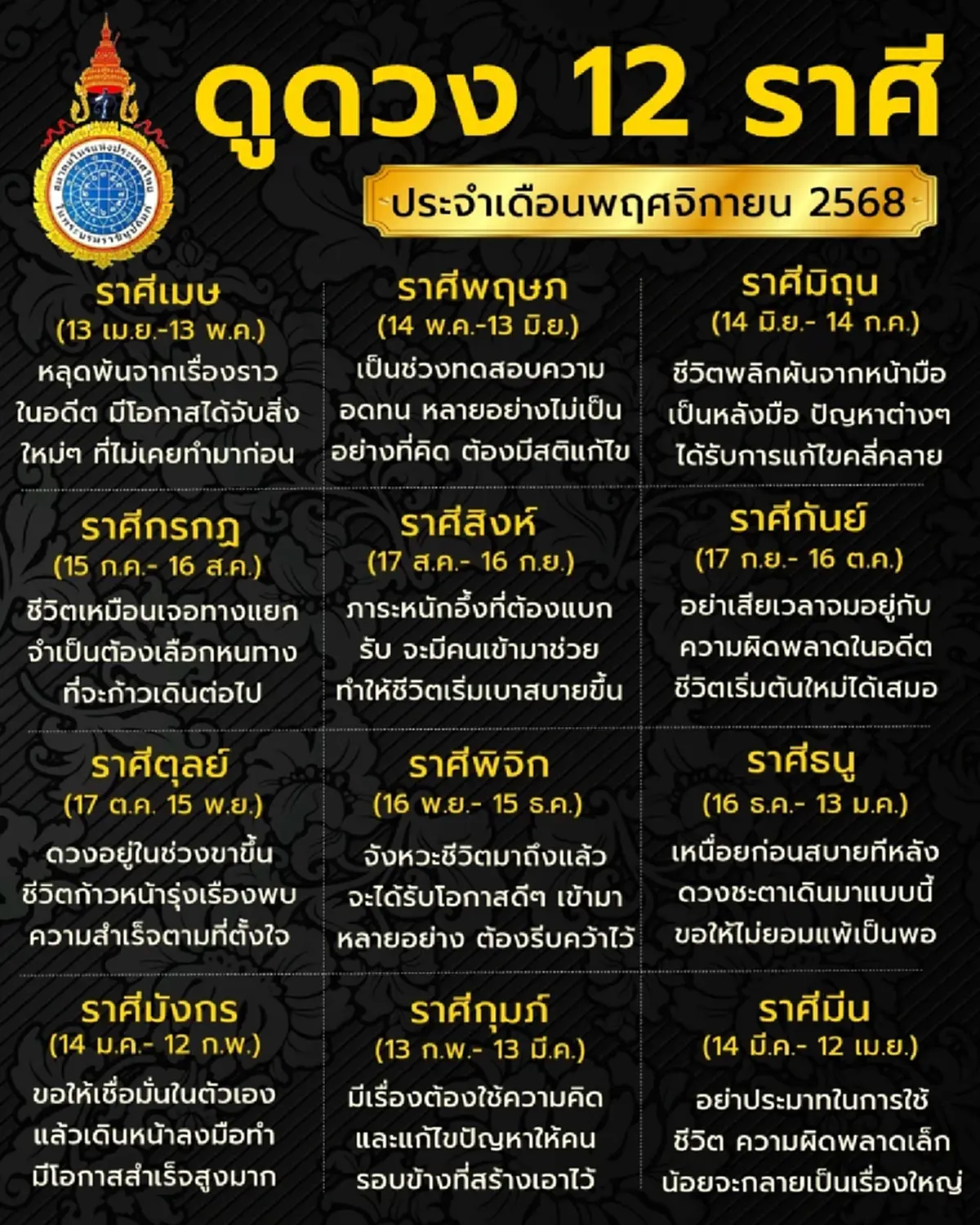 เปิดดวง 12 ราศี เริ่มต้นเดือนพ.ย.68 พบราศีดวงอยู่ในช่วงขาขึ้น