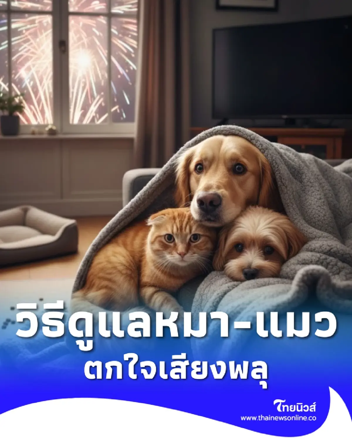 ทาสเตรียมความพร้อม 4 วิธีดูแลหมา-แมว ตกใจเสียงพลุปีใหม่